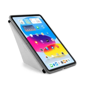 Étui Origami gris Pipetto pour iPad 10,9" avec support pliable, présenté soutenant la tablette en mode paysage