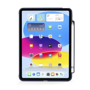 Étui Pipetto bleu foncé pour iPad 10,9 pouces avec rangement pour Apple Pencil et support folio sur fond blanc