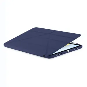 Étui Pipetto bleu foncé pour iPad 10,9 avec rabat Origami pliable, présenté partiellement ouvert avec la tablette à l’intérieur