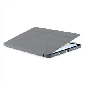 Étui Pipetto gris foncé pour iPad 10,9 avec support Origami pliable et rangement pour Apple Pencil, présenté partiellement ouvert.
