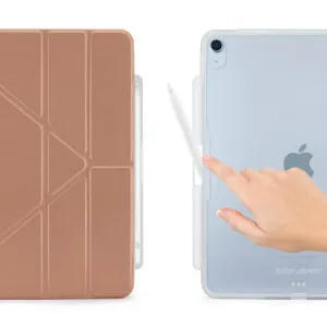 Coque pliable Pipetto iPad 10,9 Origami No3 avec rangement pour Apple Pencil, présentée en vues or rose et dos transparent