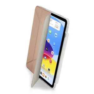 Étui Pipetto Origami No3 pour iPad 10,9 en or rose, présenté plié en support avec rangement pour stylet