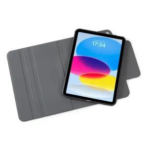 Pipetto roterende foliodeksel til 10,9-tommers iPad, åpent med iPad i stativposisjon, grått teksturert omslag