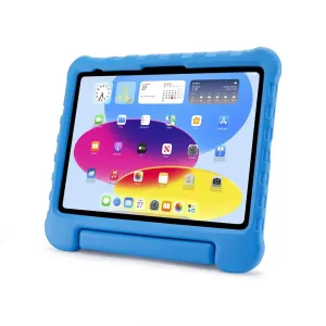 Pipetto blått iPad-deksel med 2-i-1-stativ og håndtak, vist med nettbrett satt inn for barnevennlig beskyttelse