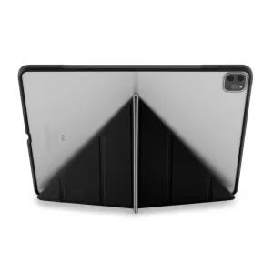 Pipetto Origami No1 iPad Pro 12.9-deksel, svart folio-stativ brettet åpent rundt sølvfarget nettbrett