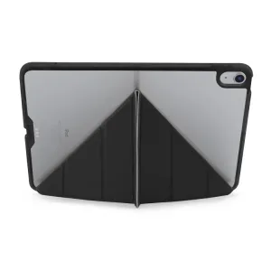 Coque Pipetto Origami No1 pour iPad Air en noir, vue de dos avec panneaux de support pliables et découpe pour l’appareil photo