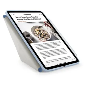 Pipetto Origami No3 Pen Case for iPad Air 13 in light blue, folded into a tablet stand with Apple Pencil slot
