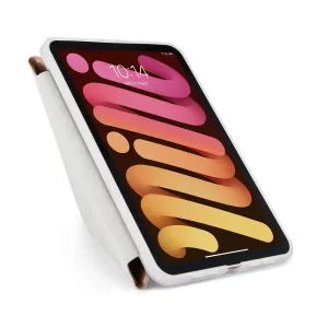 Étui Pipetto Origami pour iPad mini en or rose, présenté plié en forme de support avec la tablette maintenue en position inclinée.