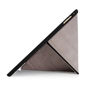 Étui Pipetto pour iPad 9,7 pouces gris et noir, plié en support origami triangulaire pour regarder du contenu sur tablette