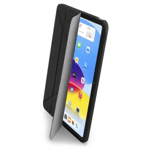 Étui folio Pipetto Origami No1 noir pour iPad 10e génération, présenté ouvert avec fonction de support