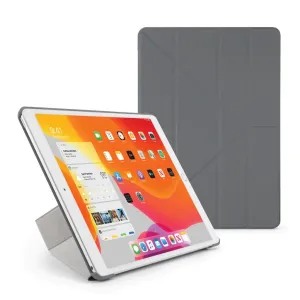 Étui origami gris Pipetto pour iPad 10,2 pouces avec support pliable et protection en TPU, présenté ouvert et en position verticale
