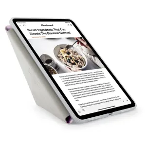Pipetto Origami No1 iPad Air-fodral i ljusgrått med lila insida, visat i ett vikt stativläge