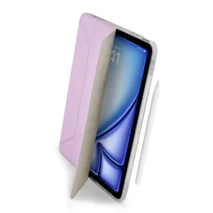 Pipetto Origami No1 iPad Air-fodral i metalliskt lila, med vikbart ställ och genomskinligt skyddande bakstycke, visas med styluspenna