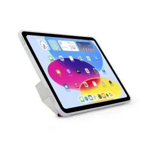 Pipetto iPad 10.9 Origami No1 ümbris helehallis toonis kokkupandava alusega, näidatud iPadi kaitsmas