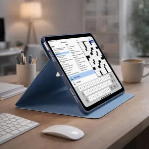 Pipetto Origami No6 stand case for iPad Air 13 (2024), dark blue, folded into a portrait stand on a desk.