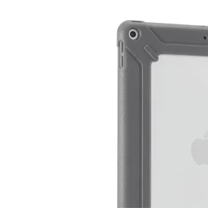Coque de protection robuste Pipetto pour iPad avec rabat texturé gris, coins surélevés et panneau arrière transparent