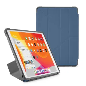 Pipetto iPad 10.2-deksel i blått med sammenleggbar støtte, vist forfra og bakfra samt kamerautskjæring