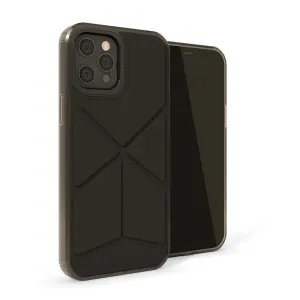 Coque Pipetto Origami Snap pour iPhone 12 Pro Max en noir, avec support pliable intégré et bordure de protection.