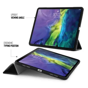 Pipetto iPad Air 4 case with Origami stand shown in upright viewing and typing positions, black and gray.