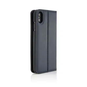 Étui folio Pipetto en cuir bleu marine pour iPhone XS Max avec rabat cousu et découpe pour l’appareil photo
