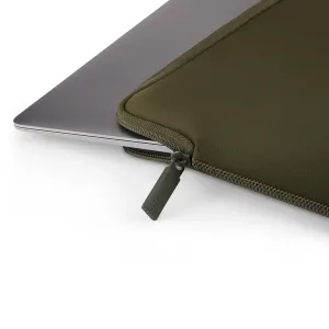 Pipetto dark green MacBook sleeve with zip closure and AirTag pocket, shown with a laptop partly inserted