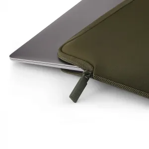 Pipetto olive green MacBook sleeve with zip closure, shown with a silver laptop partially inserted