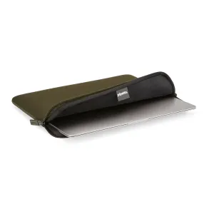 Pipetto olive green MacBook sleeve with zip closure and a partially inserted laptop on a white background