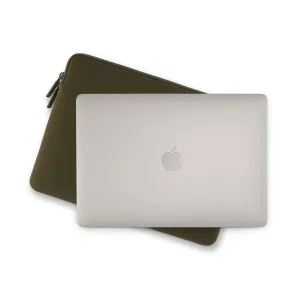 Pipetto dark green MacBook sleeve with zip closure, shown behind a silver MacBook on white background