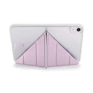 Pipetto iPad mini-deksel med gjennomsiktig, beskyttende bakside og lilla origami-brettestativ, vist på nettbrett