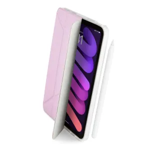 Pipetto iPad mini Origami-deksel i metallisk lilla, vist åpent som et sammenleggbart stativ med Apple Pencil