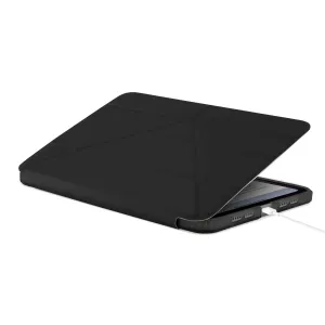 Pipetto iPad mini Origami No1 case in black, shown open with an iPad and charging cable visible