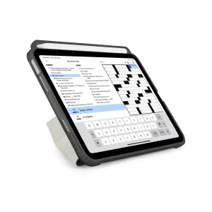 Pipetto iPad mini ümbris lahtivolditava aluse ja Apple Pencil hoiukohaga, näidatud tumehallina.