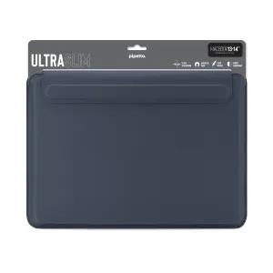 Housse Pipetto Ultra Slim pour MacBook 13 à 14 pouces en bleu foncé avec fermeture magnétique sur emballage de vente au détail