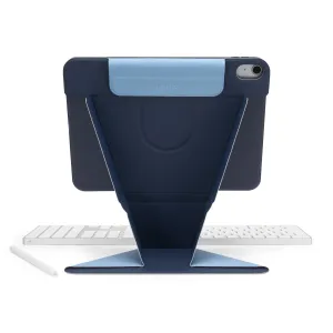 Pipetto Origami No6 stand case for iPad Air 13, dark blue, folded into a viewing stand with camera cutout.