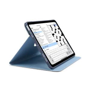Pipetto Origami No6 stand case for iPad Air 13 in dark blue, shown folded into a hands-free viewing position.