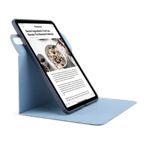 Pipetto iPad Air 13 stand case with folded folio cover, shown propping the tablet in a blue protective case.