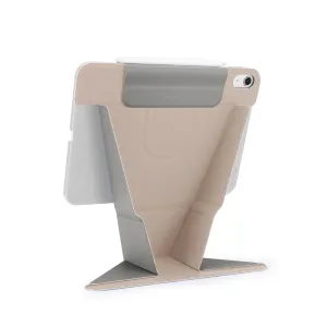 Pipetto Origami No6 ümbrisalus iPad Airile, püstisesse asendisse volditud, beeži ja halli värvi, puutepliiats peal