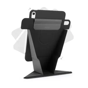 Pipetto Origami No6 sort cover med standerfunktion til iPad 10. generation vist foldet til en stander med flere visningsvinkler.