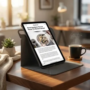 Pipetto Origami No6 stand case for iPad Air 13 in black, folded to prop the tablet upright on a wooden table