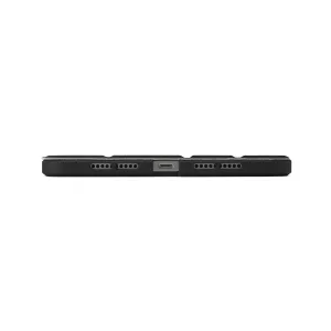 Pipetto iPad mini 6-fodral i svart, sidovy som visar USB-C-öppning, högtalargaller och upphöjd kant