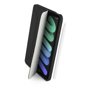 Pipetto iPad mini 6-fodral med vikbart origamilock, visat öppet runt surfplattan med vit pekpenna.