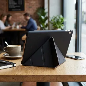Étui Origami noir Pipetto pour iPad 9,7, présenté replié en support sur une table pour un visionnage mains libres.
