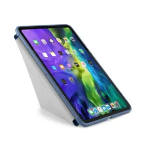 Pipetto Origami Shield iPad Air-cover med foldbart stativ og beskyttende blå ramme, vist med iPad på hvid baggrund