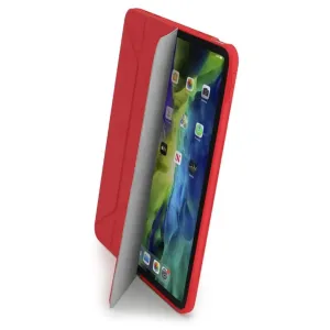 Pipetto Origami Shield iPad Air-cover i rød, vist med tabletten oprejst i standerfunktion og gråt indvendigt for