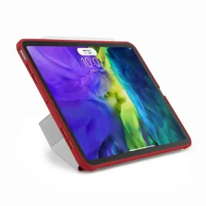 Pipetto iPad Air Origami Shield-etui med sammenfoldet stander, vist på en iPad i et rødt beskyttelsesetui