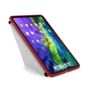 Pipetto iPad Air Origami Shield-etui med foldbart stativ og beskyttende bumper, vist på iPad