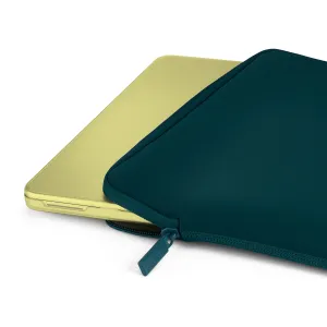 Pipetto genomskinligt hårt skal på en gul MacBook, delvis i ett mörk turkos fodral med dragkedja