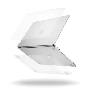 Pipetto frostat transparent hårt skal för MacBook med tvådelade skalpaneler runt en silverfärgad MacBook