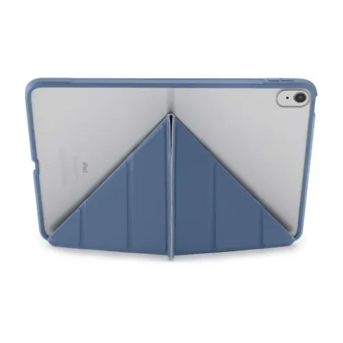iPad Air 10,9" Origami-Hülle in Navyblau mit dreieckig faltbarer Rückseite, transparenter Rückseite und Kameraaussparung.