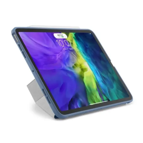 Marineblaues Origami-Case mit Schrägkante für iPad Air; faltbarer Standfuß und präzise Aussparungen für Tasten und den USB-C-Anschluss.